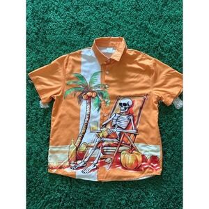 Orange Skeleton Beach Hawaiian Shirt XL Short Sleeve Button Up Tropical